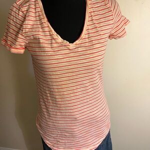 Striped V-Neck Short Sleeve Top in Coral, Cream, and Orange